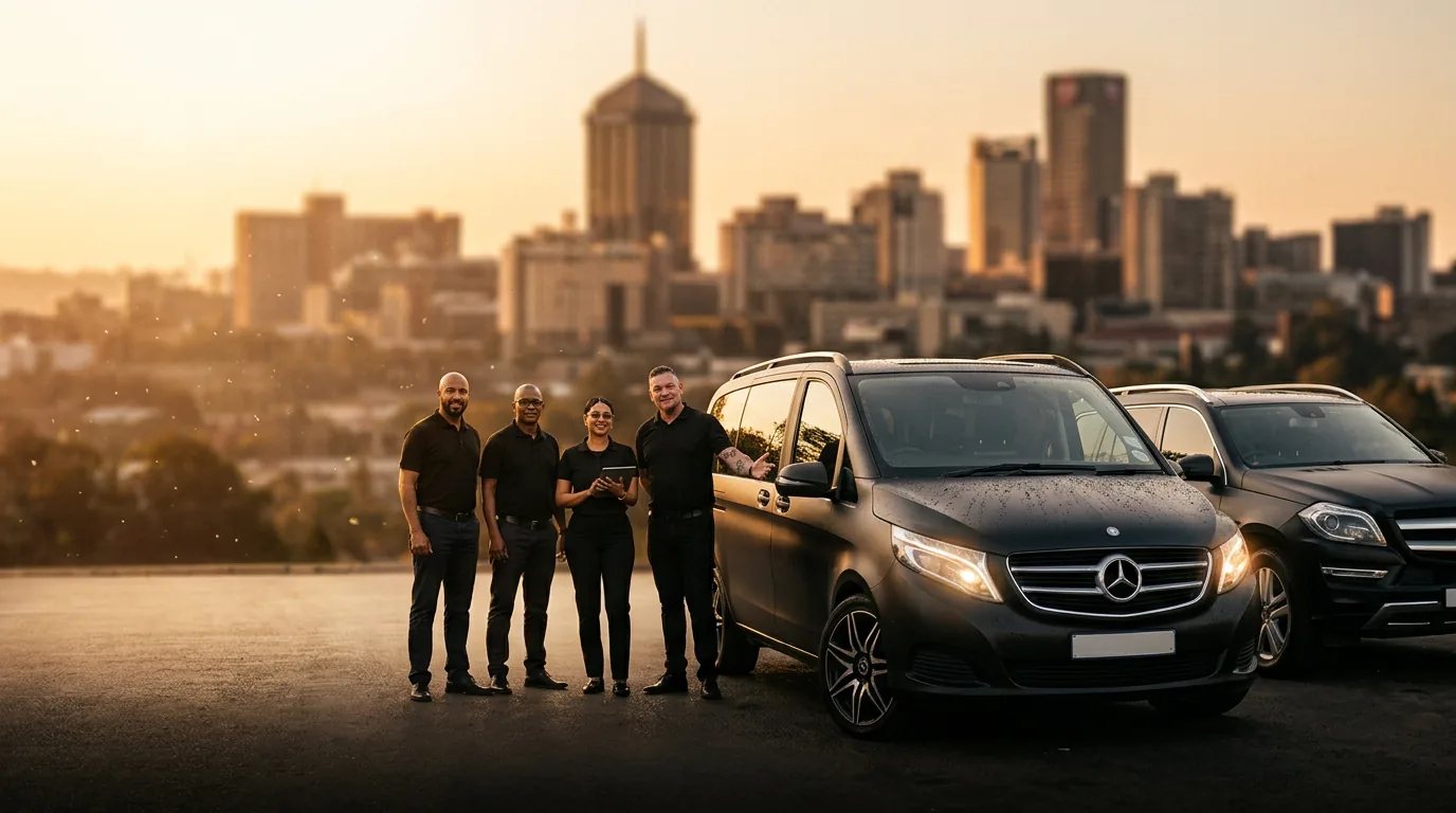 Wanderer Tours & Travel team with the Mercedes-Benz V-Class and GL SUV chauffeur fleet, Sandton skyline at golden hour — private guided Johannesburg tours and safaris