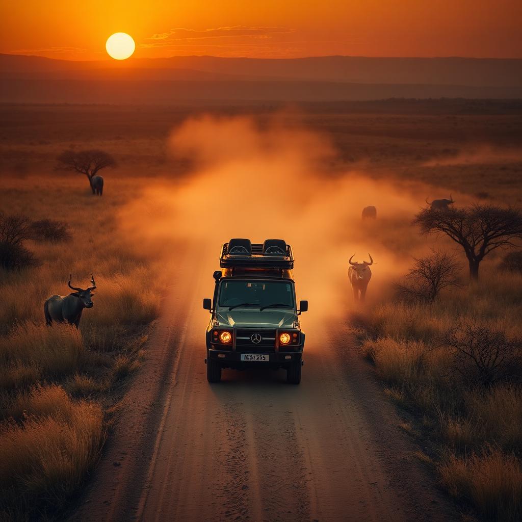 Luxury safari vehicle driving through golden bushveld at sunrise near Johannesburg