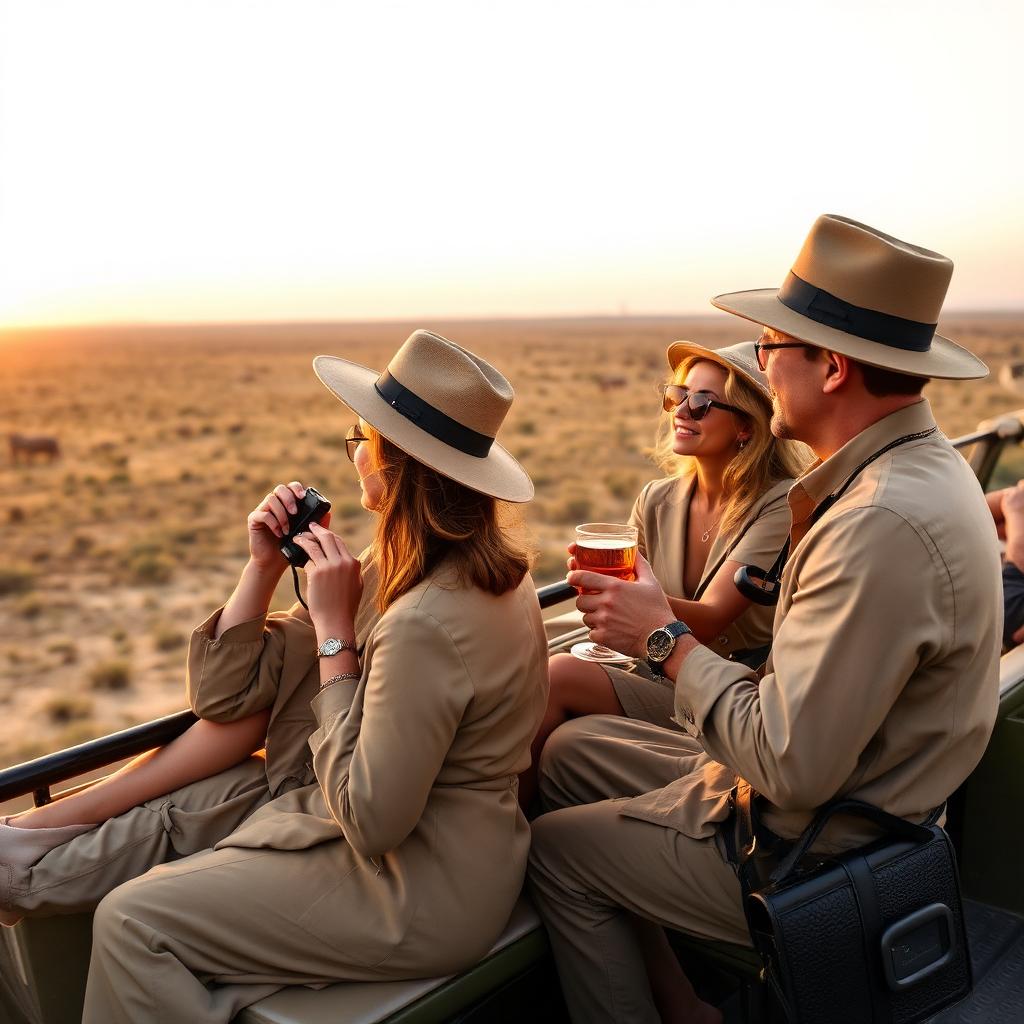 Safari guests in khaki clothing enjoying sundowners on an open vehicle in the African bush