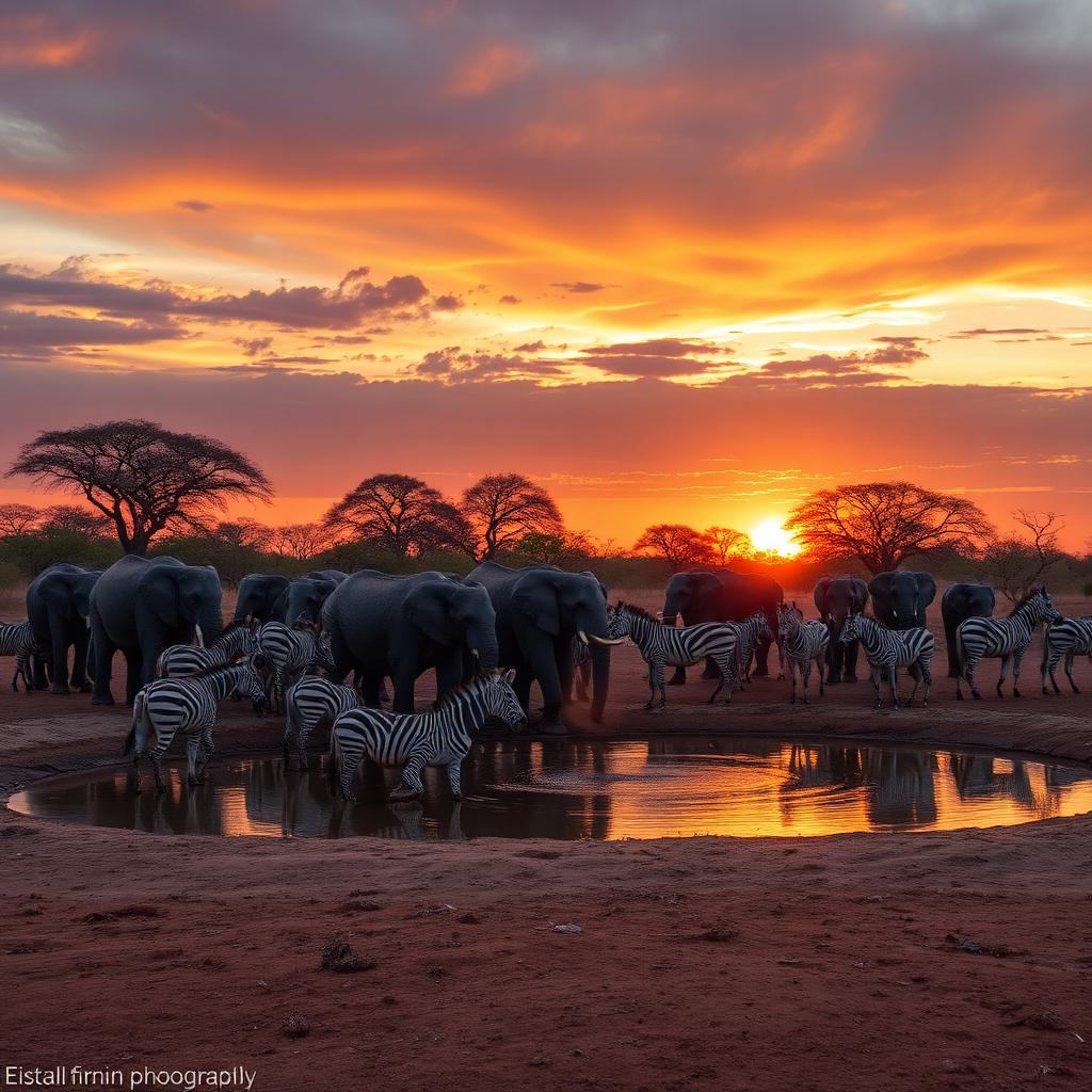 Elephants and zebras gathered at a waterhole at sunset on a Johannesburg safari